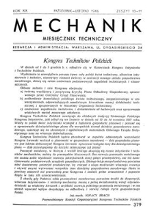 Mechanik : miesięcznik techniczny, Rok XIX, Październik - Listopad 1946, Zeszyt 10-11
