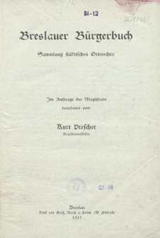 Breslauer Bürgerbuch : Sammlung städtischen Ortsrechts