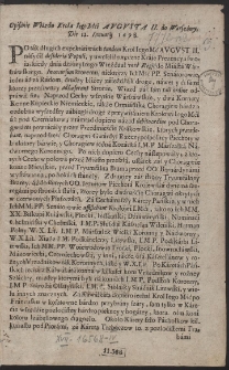 Opisanie Wiazdu Krola Iego Mci Augusta II do Warszawy, Die 12 Ianuarij 1698