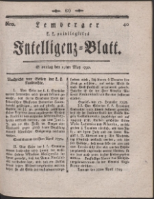 Lemberg Kaiserlich-Königliches Intelligenz-Blatt. R. 1799 Nr 40