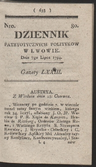 Dziennik Patryotycznych Politykow w Lwowie. R. 1794 Nr 80