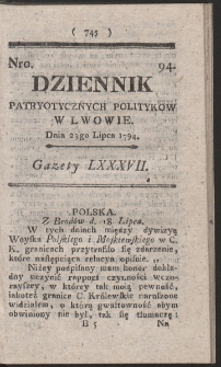 Dziennik Patryotycznych Politykow w Lwowie. R. 1794 Nr 94