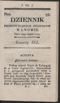 Dziennik Patryotycznych Politykow w Lwowie. R. 1794 Nr 98