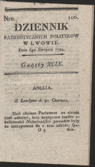 Dziennik Patryotycznych Politykow w Lwowie. R. 1794 Nr 106