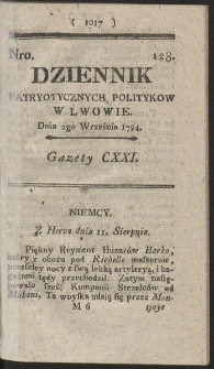 Dziennik Patryotycznych Politykow w Lwowie. R. 1794 Nr 128