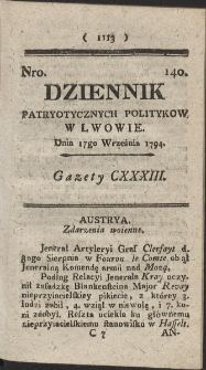 Dziennik Patryotycznych Politykow w Lwowie. R. 1794 Nr 140