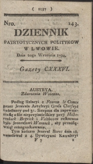 Dziennik Patryotycznych Politykow w Lwowie. R. 1794 Nr 143