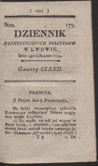 Dziennik Patryotycznych Politykow w Lwowie. R. 1794 Nr 179