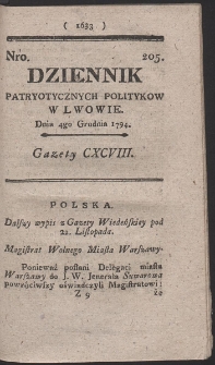 Dziennik Patryotycznych Politykow w Lwowie. R. 1794 Nr 205