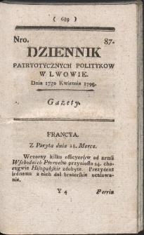 Dziennik Patryotycznych Politykow w Lwowie. R. 1795 Nr 87