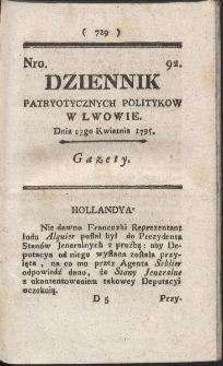 Dziennik Patryotycznych Politykow w Lwowie. R. 1795 Nr 92