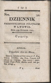 Dziennik Patryotycznych Politykow w Lwowie. R. 1795 Nr 94