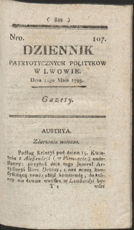 Dziennik Patryotycznych Politykow w Lwowie. R. 1795 Nr 107