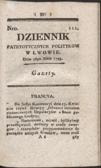 Dziennik Patryotycznych Politykow w Lwowie. R. 1795 Nr 111