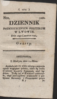 Dziennik Patryotycznych Politykow w Lwowie. R. 1795 Nr 140