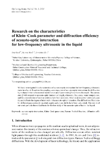 Research on the characteristics of Klein–Cook parameter and diffraction efficiency of acousto-optic interaction for low-frequency ultrasonic in the liquid