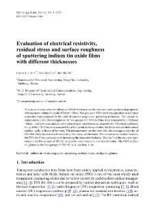 Evaluation of electrical resistivity, residual stress and surface roughness of sputtering indium tin oxide films with different thicknesses