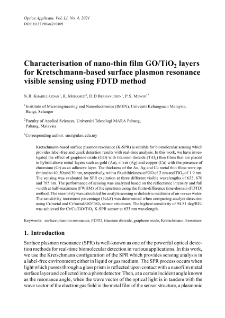 Characterisation of nano-thin film GO/TiO2 layers for Kretschmann-based surface plasmon resonance visible sensing using FDTD method