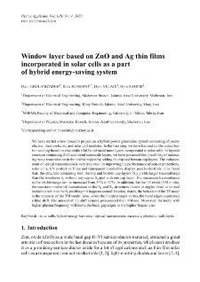 Window layer based on ZnO and Ag thin films incorporated in solar cells as a part of hybrid energy-saving system