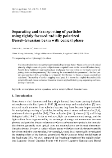 Separating and transporting of particles using tightly focused radially polarized Bessel–Gaussian beam with conical phase