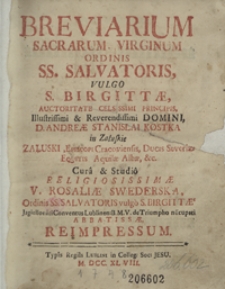 Breviarium Sacrarum Virginum Ordinis SS. Salvatoris Vulgo S. Birgittae […] Reimpressum