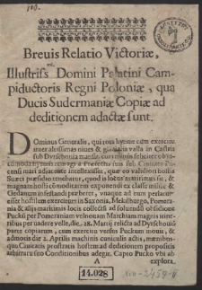 Brevis Relatio Victoriae Illustris[si]mi Domini Palatini, Campiductoris Regni Poloniae, qua Ducis Sudermaniae Copiae ad deditionem adactae sunt