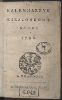 Kalendarzyk Kieszonkowy Na Rok 1796